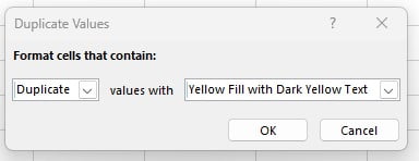 Pilih Duplicate dan Yellow Fill pada Duplicate Values Excel