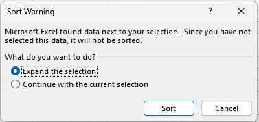 Opsi Expand the selection pada Sort Warning di Excel untuk menjaga hubungan antar kolom