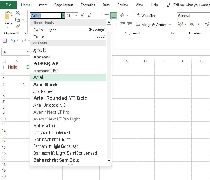 Mengubah jenis font melalui menu Font Name di Excel