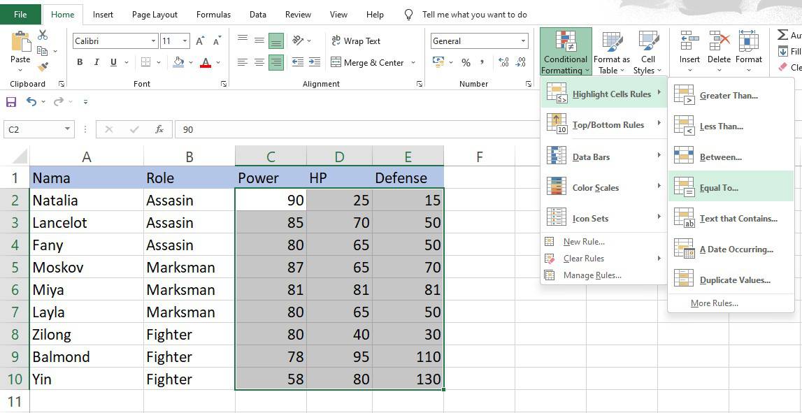 Memilih Equal To pada Highlight Cell Rules Excel