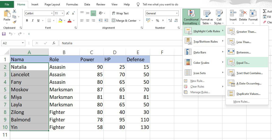 Memilih fungsi Equal To pada Highlight Cell Rules Excel