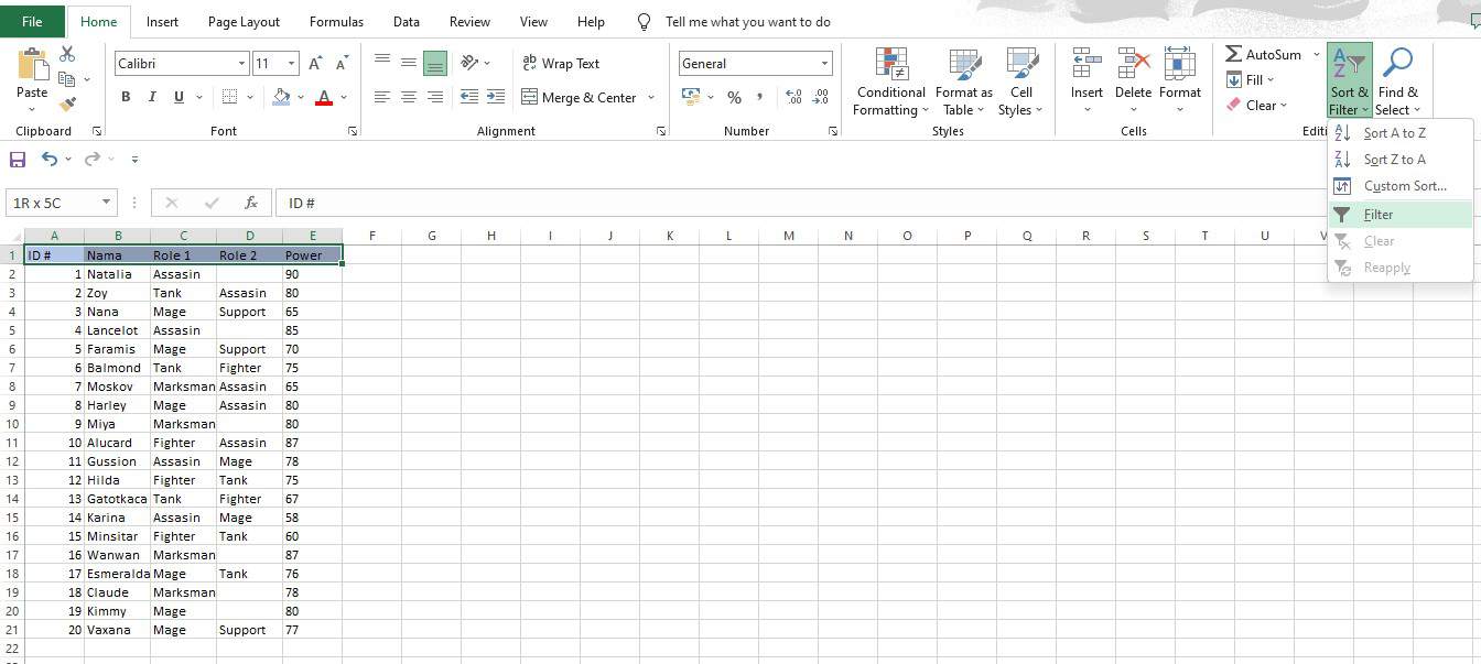 Mengaktifkan fitur filter pada menu Sort & Filter di Excel