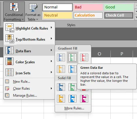 Memilih opsi Gradient Fill pada Data Bars di Excel