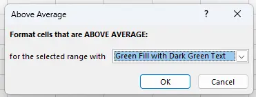 Memilih opsi Green Fill with Dark Green Text pada jendela Above Average