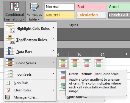 Memilih Green Yellow Red Color Scale pada Excel