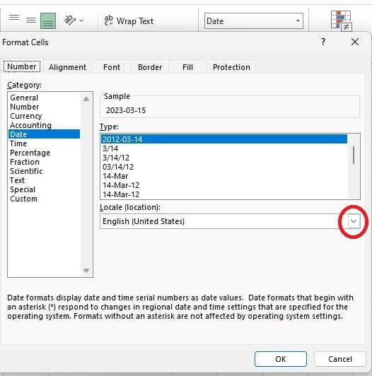 Pilih kategori Date dan Locale di Format Cells Excel