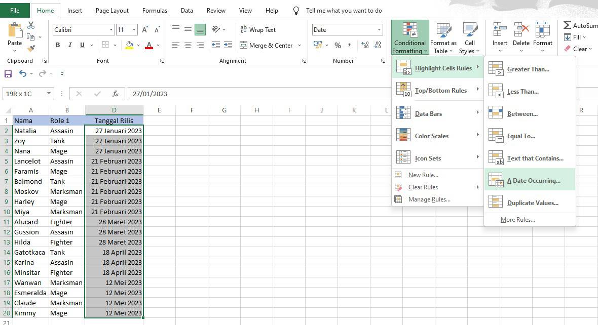 Pilih menu A Date Occurring pada Highlight Cell Rules di Excel
