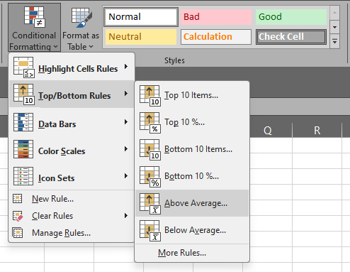 Memilih menu Above Average pada aturan Top Bottom di Excel