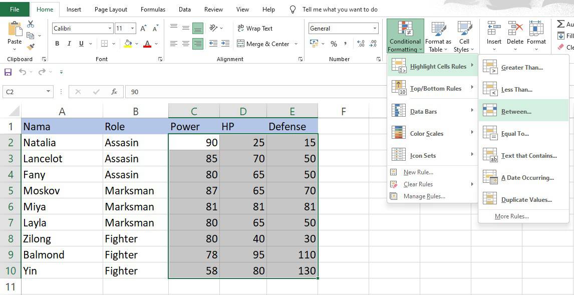 Memilih menu Between pada Highlight Cell Rules Excel