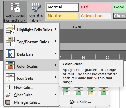 Memilih opsi Color Scales pada menu Conditional Formatting Excel