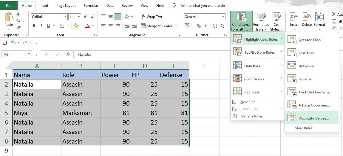 Pilih menu Duplicate Values pada Highlight Cell Rules Excel