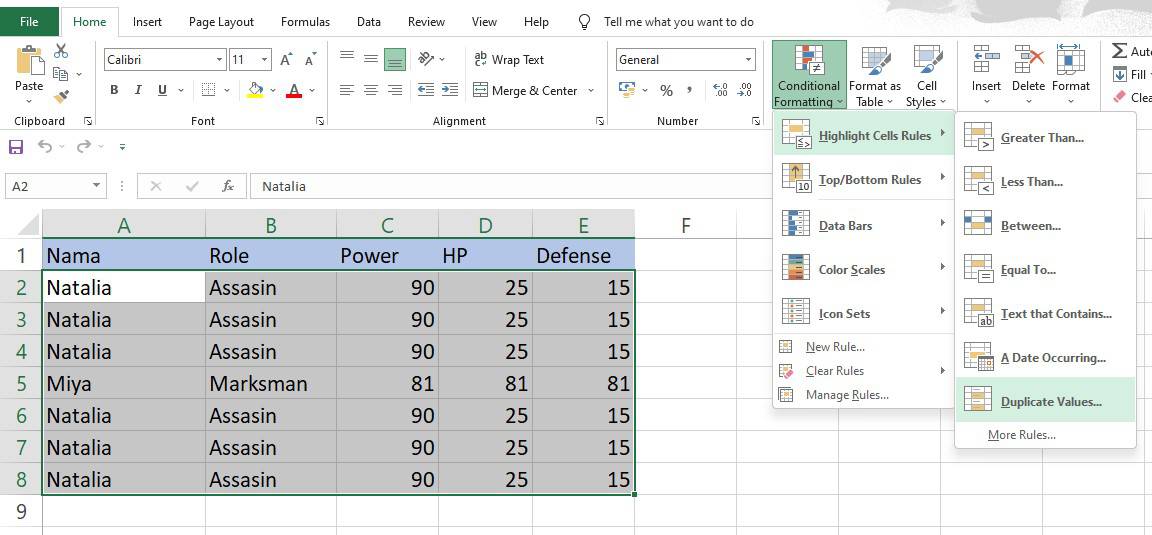 Pilih menu Duplicate Values untuk Unique Values Excel