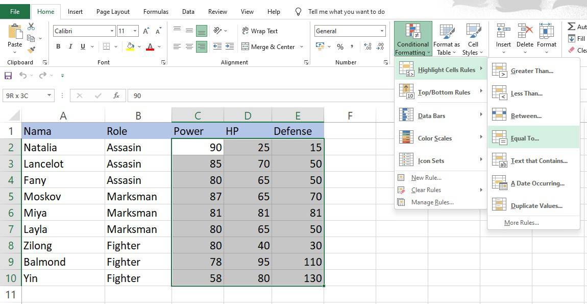 Memilih menu Equal To pada Highlight Cell Rules Excel