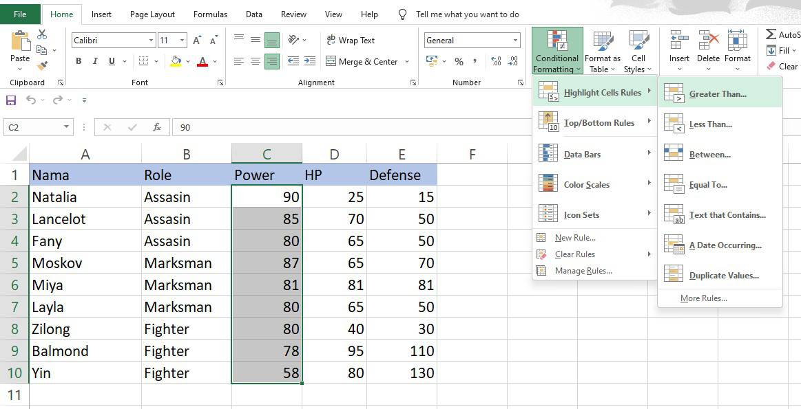 Memilih menu Greater Than pada Highlight Cell Rules Excel
