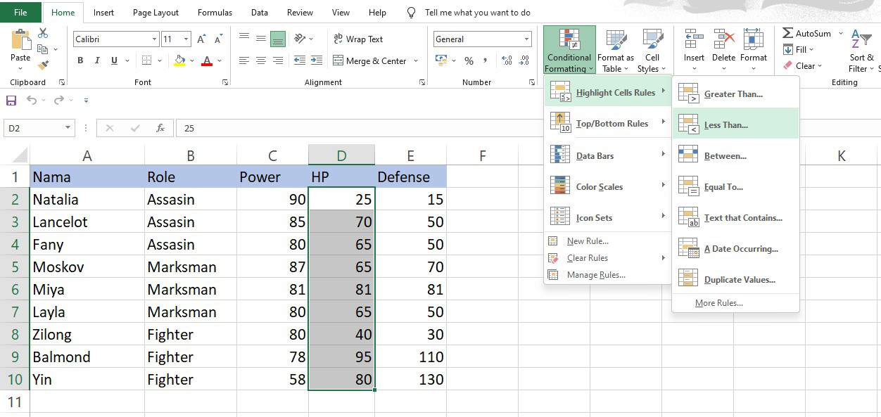 Memilih menu Less Than pada Highlight Cell Rules Excel