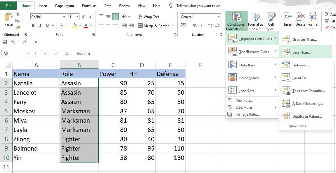 Memilih menu Less Than pada Highlight Cell Rules Excel