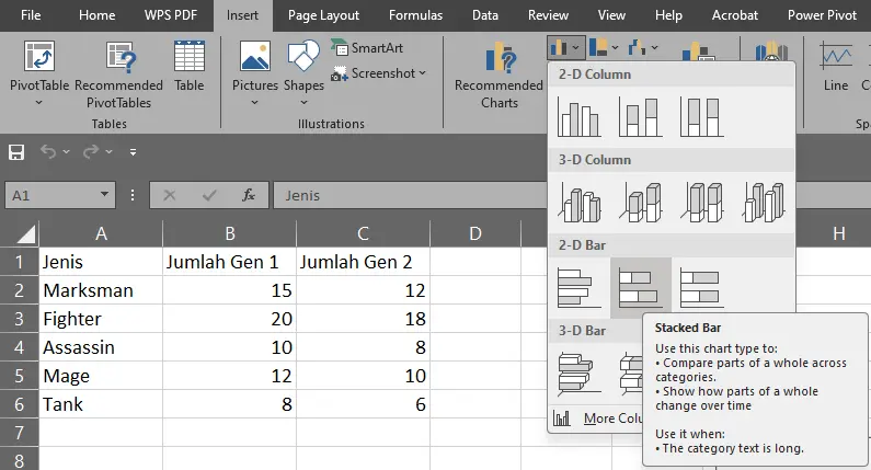 Memilih menu Stacked Bar Chart di tab Insert Excel