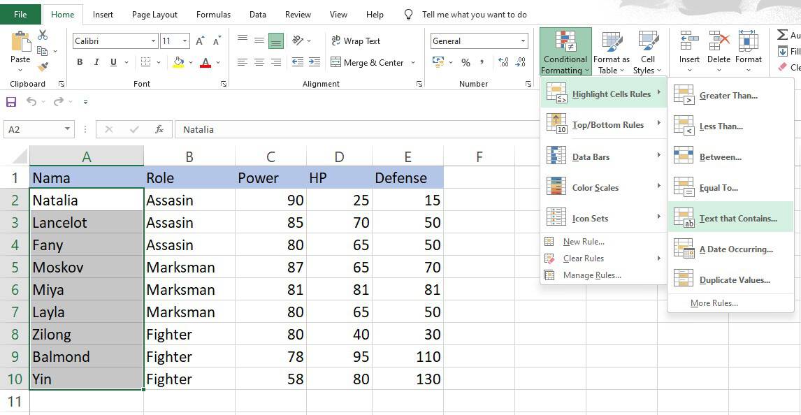 Pilih menu Text That Contains pada Highlight Cell Rules Excel