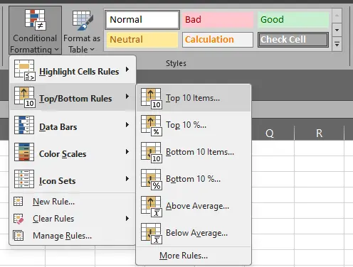 Memilih menu Top 10 Items pada Conditional Formatting Excel