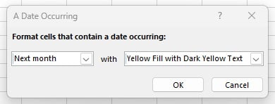 Pilih Next Month dan Yellow Fill pada A Date Occurring di Excel