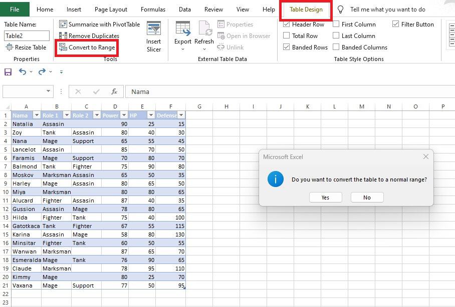 Konfirmasi konversi tabel ke range di Excel