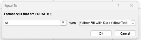 Memilih Yellow Fill with Dark Yellow Text untuk Highlight Cell Rules Excel