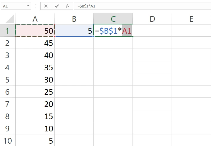 Memilih sel A1 untuk dimasukkan dalam rumus perkalian Excel