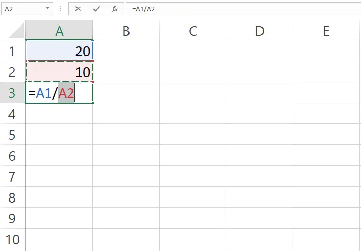 Langkah memasukkan rumus pembagian dua sel pada Excel