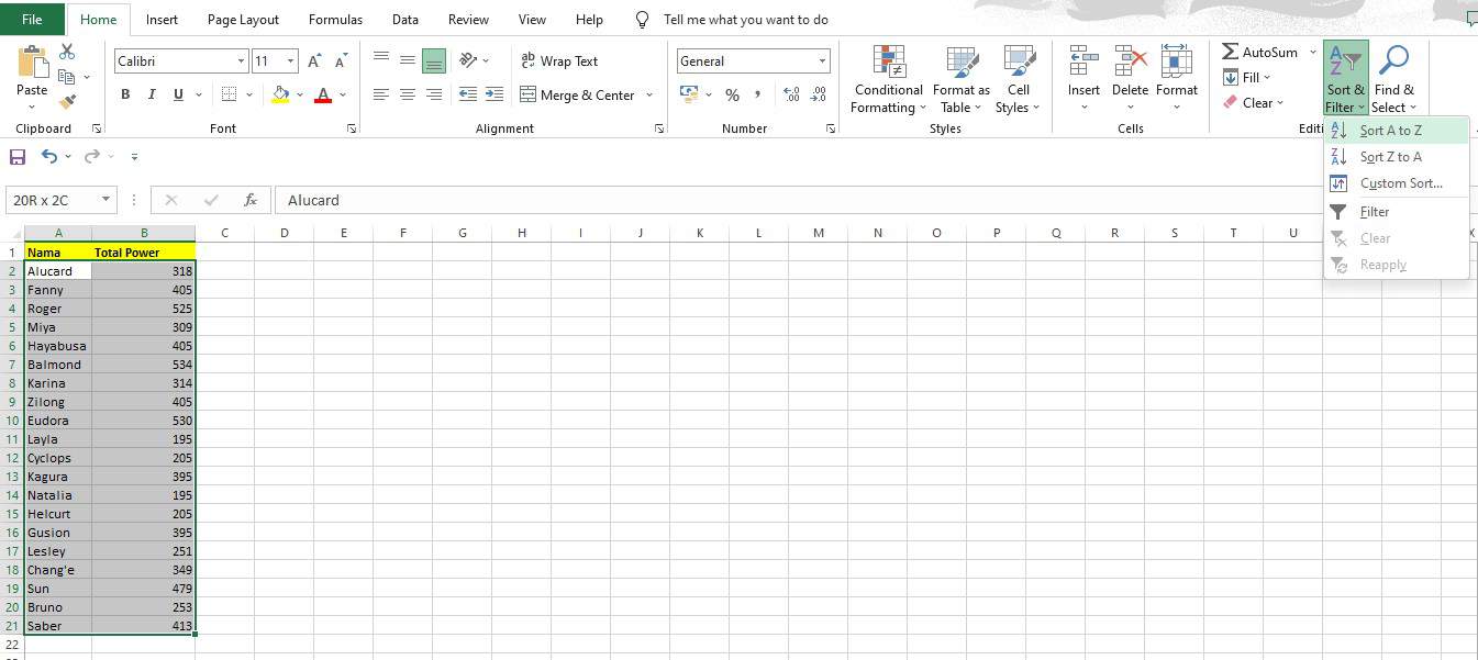 Langkah mengurutkan lebih dari satu kolom sekaligus pada rentang A2:B21 di Excel