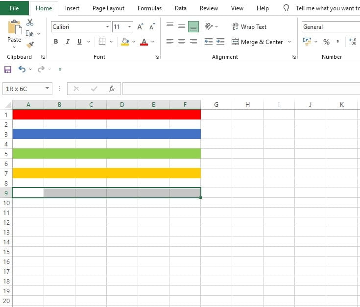 Memilih sel A9 hingga F9 untuk mengganti warna dengan kode RGB di Excel