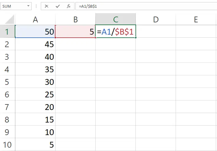Menambahkan tanda dolar pada sel B1 untuk referensi absolute pembagian Excel