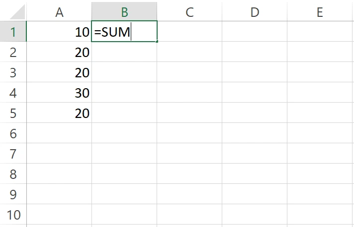 Mengetik rumus SUM di Excel pada sel B1
