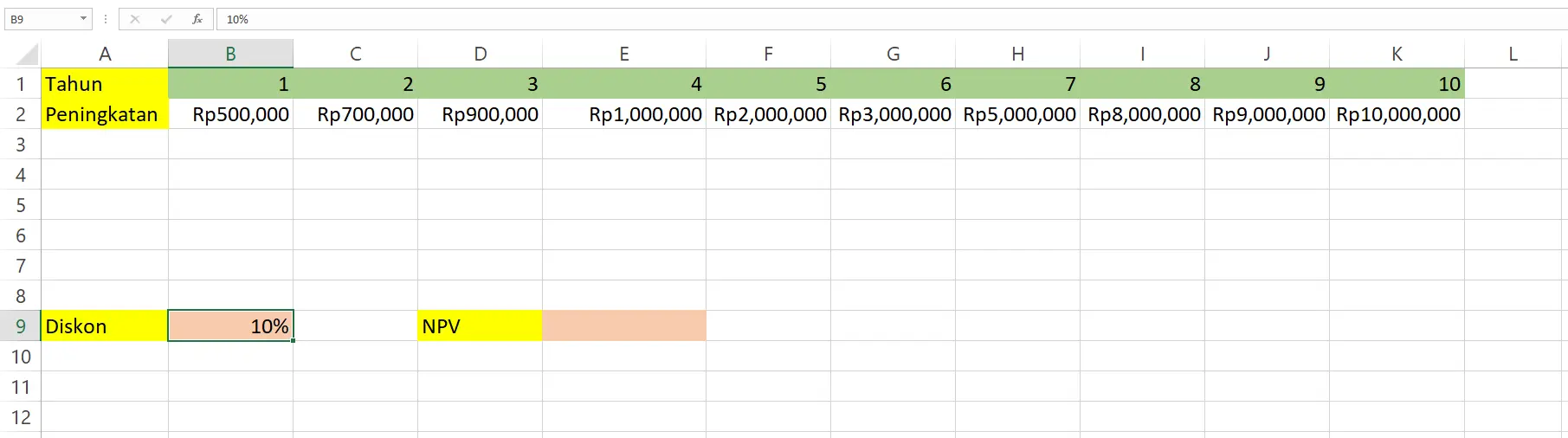 Memasukkan tingkat diskonto 10 persen pada sel B9 Excel untuk fungsi NPV