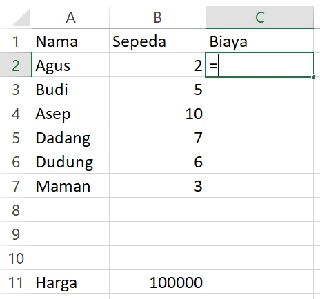 Memilih sel C2 dan mengetik tanda sama dengan di Excel