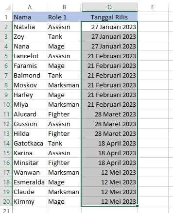 Pilih rentang D2:D20 untuk Highlight Cell Rules A Date Occurring di Excel