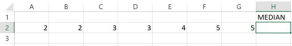 Memilih sel H2 sebagai tempat hasil fungsi MEDIAN di Excel