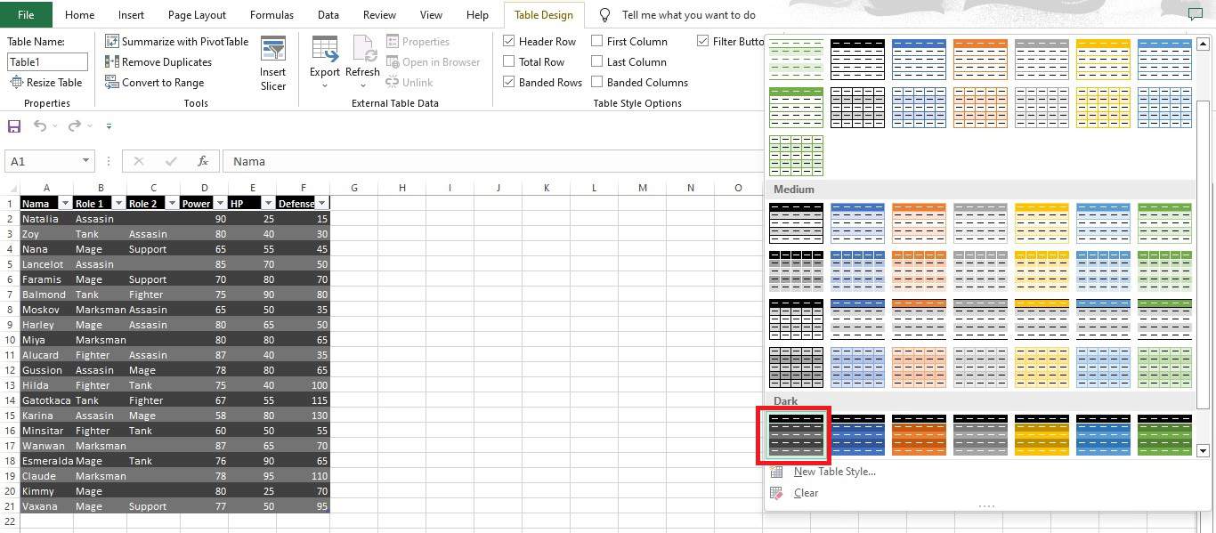 Menerapkan style Dark Gray pada tabel Excel kategori Dark