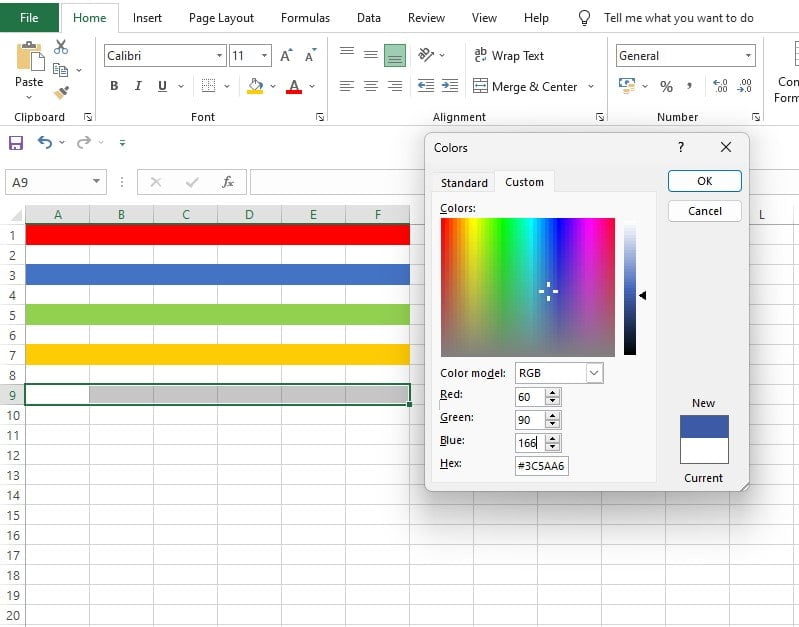 Memasukkan kode RGB pada custom warna di Excel