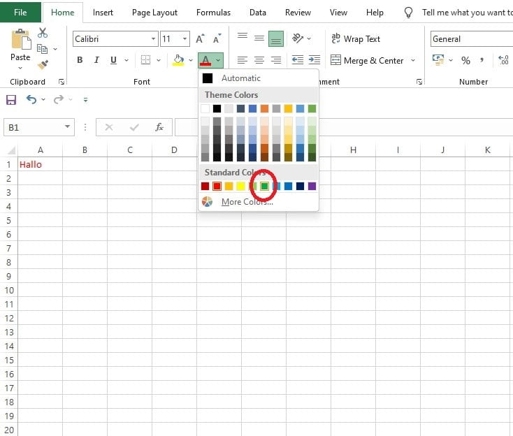 Langkah memilih warna font hijau untuk sel B1 di Excel