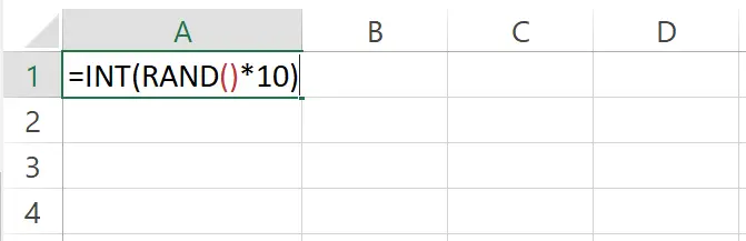 Contoh menambahkan fungsi INT sebelum RAND di Excel