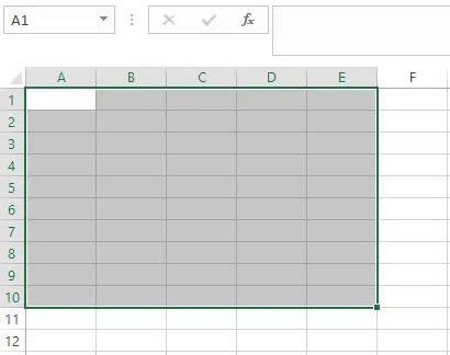 Menandai rentang A1:E10 di Excel dengan mouse