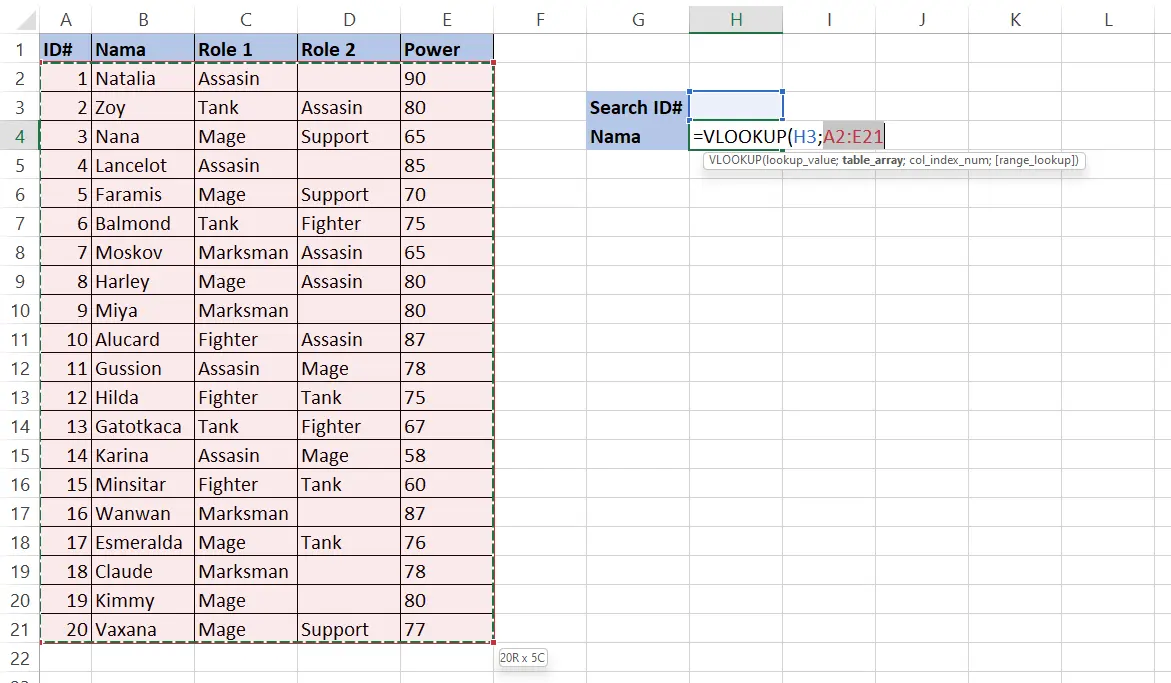 Memilih range A2:E21 sebagai table_array