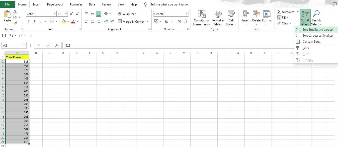Langkah memilih rentang angka dan mengurutkan dari yang terkecil ke terbesar dengan Sort Smallest to Largest di Excel