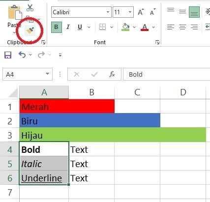 Menekan Format Painter untuk menyalin font style di Excel