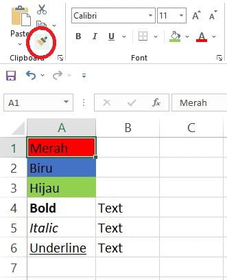 Menekan tombol Format Painter pada tab Home di Excel