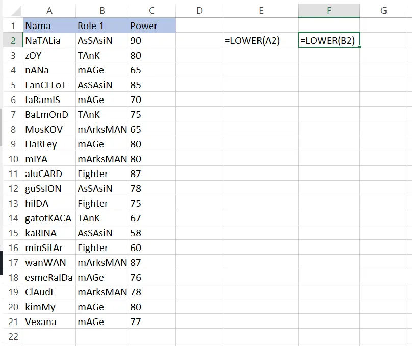 Menggunakan fungsi LOWER untuk rentang sel di Excel