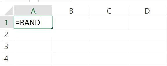 Contoh mengetik rumus =RAND() pada sel A1 di Excel