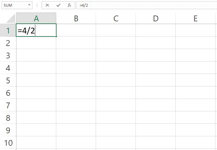 Contoh rumus pembagian manual 4 dibagi 2 di Excel