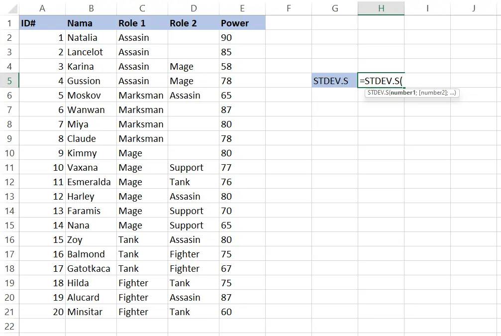 Contoh pengetikan rumus STDEV.S pada sel H5 di Excel