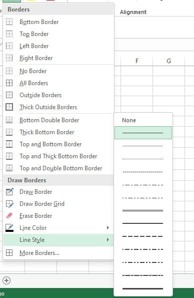Menu pengaturan style border di Excel